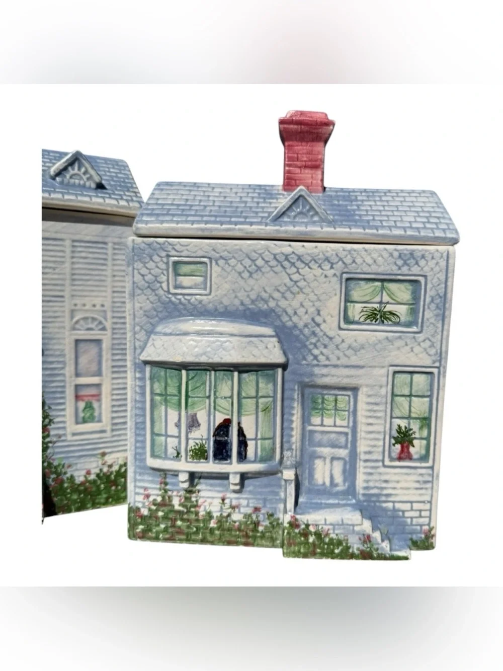 Vintage Ceramic House Canister Set of 2 Blue Cottagecore Kitchen Storage Jars